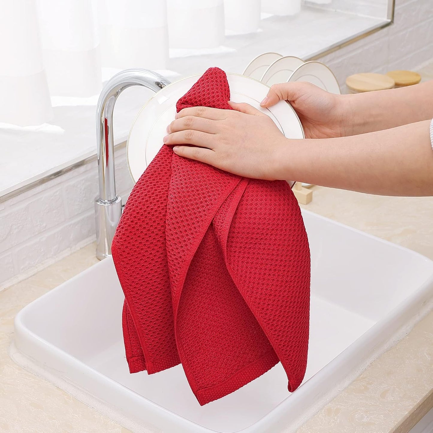 Homaxy 100% Cotton Waffle Weave Kitchen Dish Towels, Ultra Soft Absorbent Quick Drying Cleaning Towel, 13 x 28 Inches, 6-Pack, Red