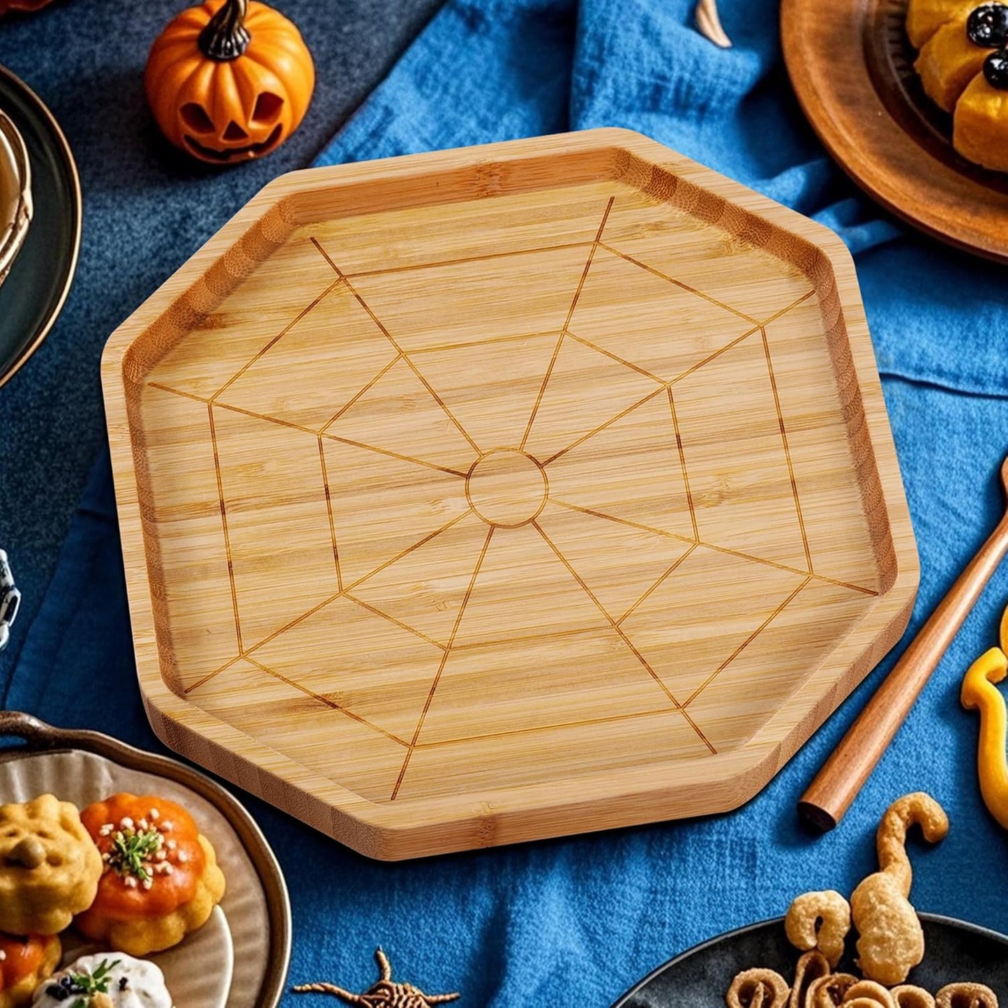 TJ POP Halloween Bamboo Serving Tray - Octagon Spider Web Design Snack Dessert Platter for Candy, Cheese, Natural Wood Appetizer Tray Charcuterie Board for Party, Home Decor & Food Display (10” x 9”)