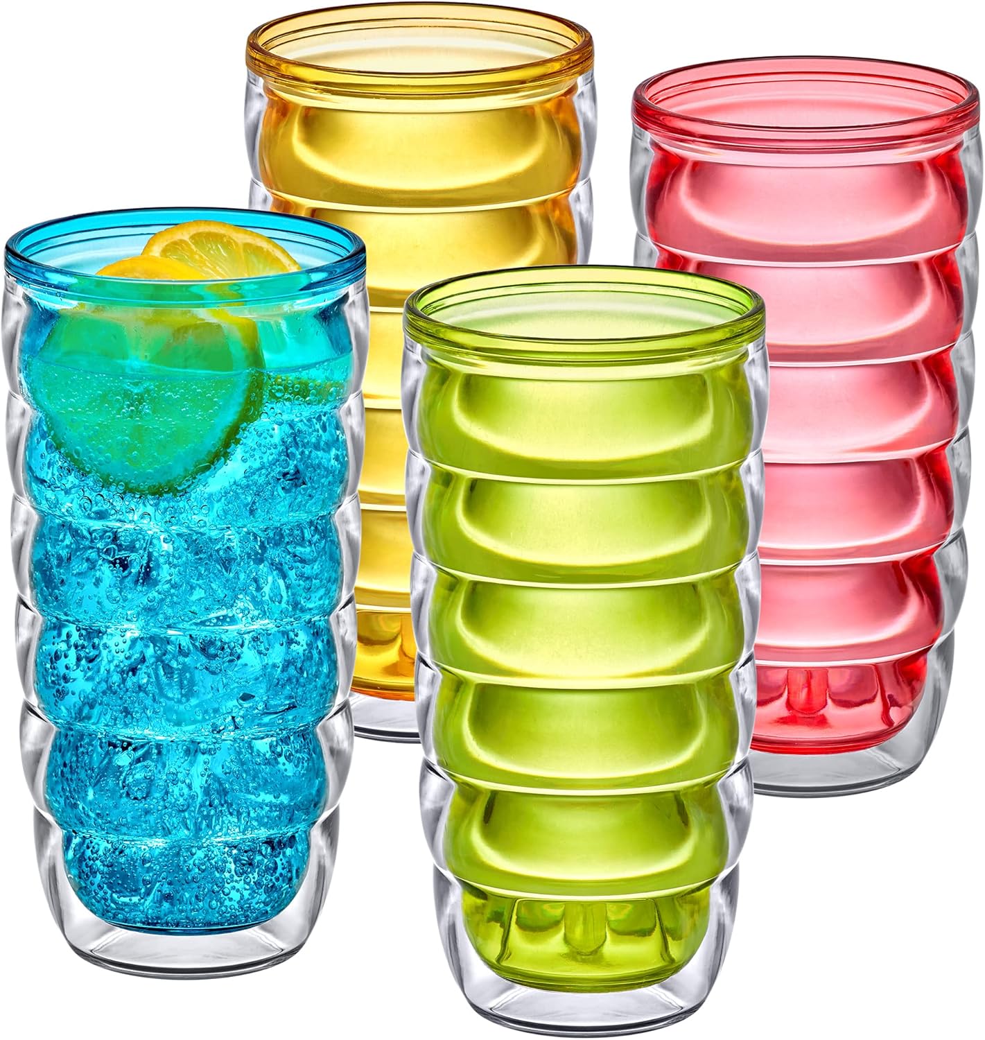 Amazing Abby - Arctic - 24-Ounce Insulated Plastic Tumblers (Set of 4), Double-Wall Plastic Drinking Glasses, Mixed-Color High-Balls, Reusable Cups, BPA-Free, Shatter-Proof, Dishwasher-Safe