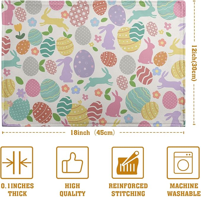Easter Eggs Bunny Floral Placemats Set of 4 Watercolor Egg Floral Place Mat 12x18 Inch Seasonal Spring Colorful Washable Linen Table Mats for Party Kitchen Dining Outdoor Indoor Decor