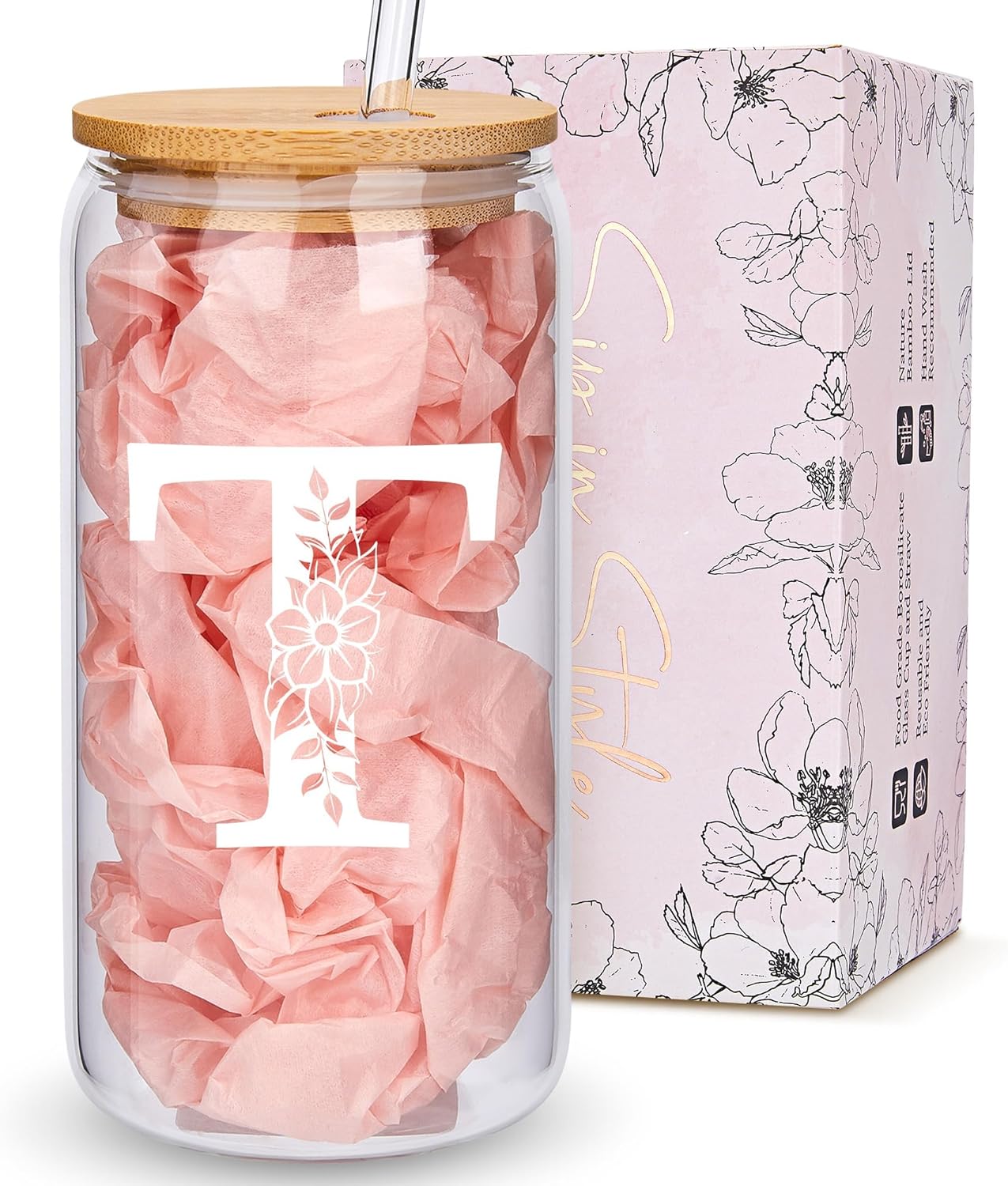 Personalized Gifts for Women, Monogrammed Glass Cups with Lids and Straws, Custom Tumbler, Cute Customized Mug, Aesthetic Stuff, Initial Iced Coffee Cup, Drinking Glasses, Birthday Teacher Gifts, T