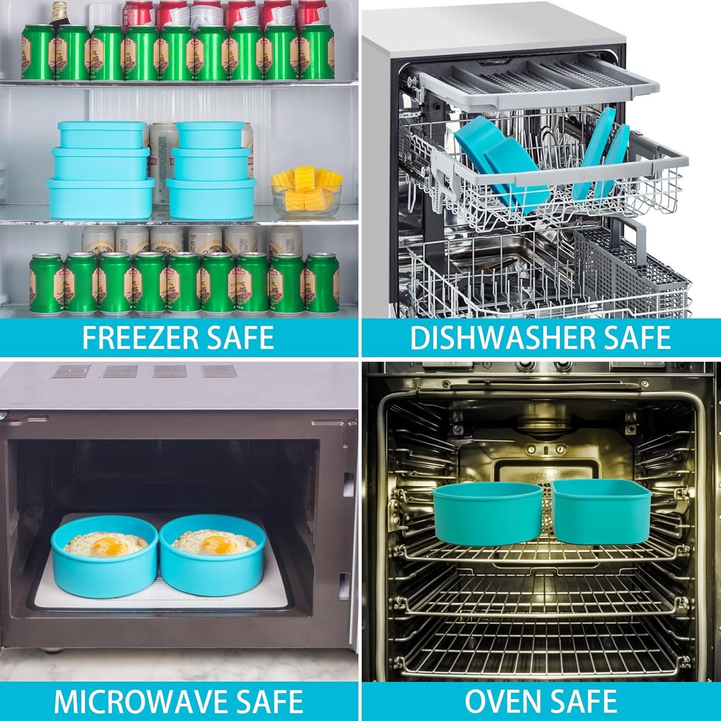 Nesting 100% Silicone Food Storage Containers with Lid & Measuring Line, 6 Pack, Leakproof Stackable Hard-Shell Silicone Containers for Food Lunch Snack, Microwave Oven Freezer Dishwasher Safe, Blue