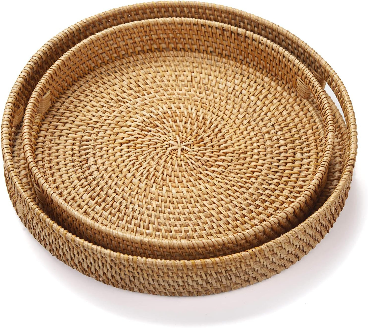 Rattan Round Serving Tray, Hand Woven Serving Basket with Cut - Out Handles, Wicker Fruit/Bread Serving Basket (11.8 + 13.8 inch)