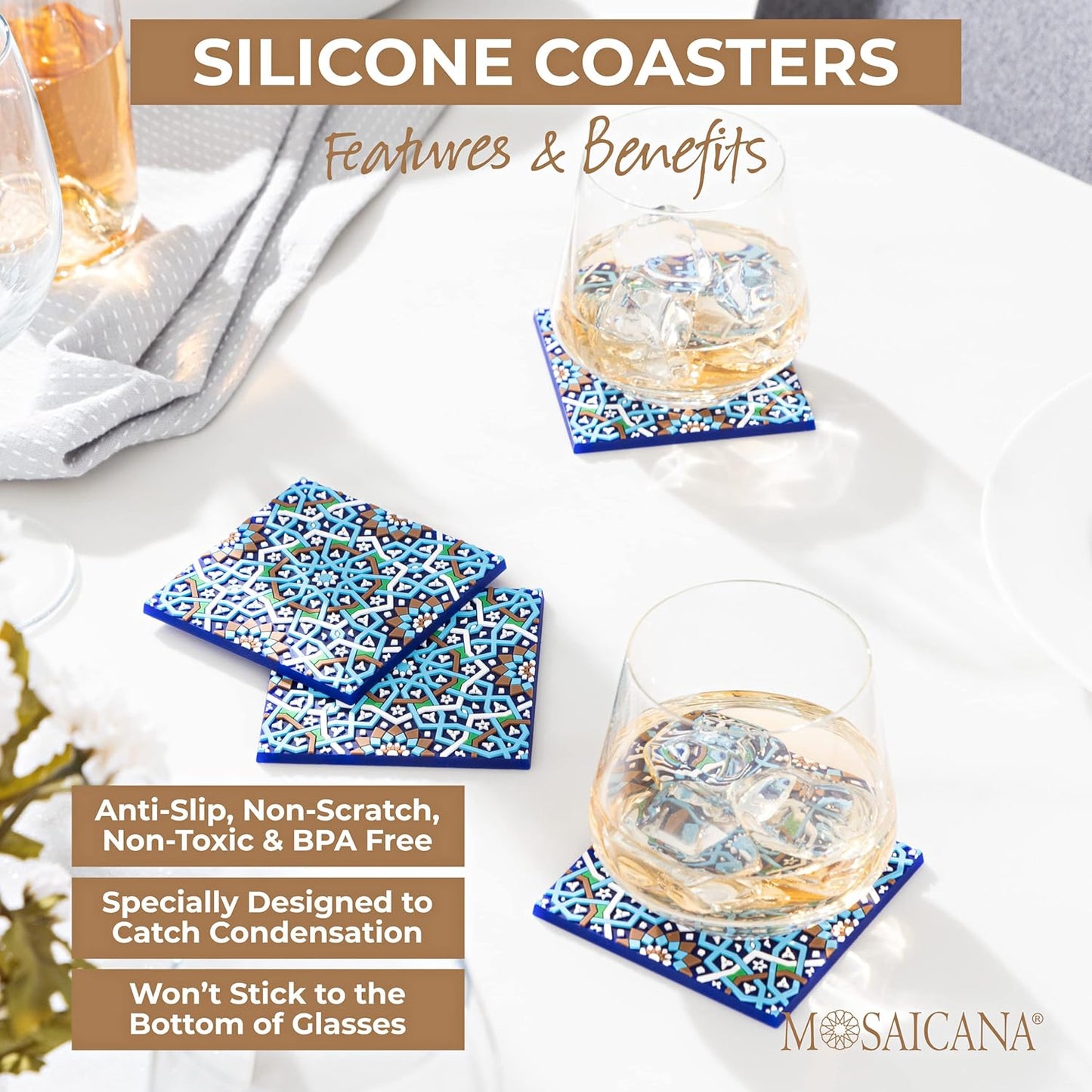 Blue Tile Colored Coasters Set of 4, Silicone, Protects Against Water Marks or Damage Fits All Cups, 3.5" Size