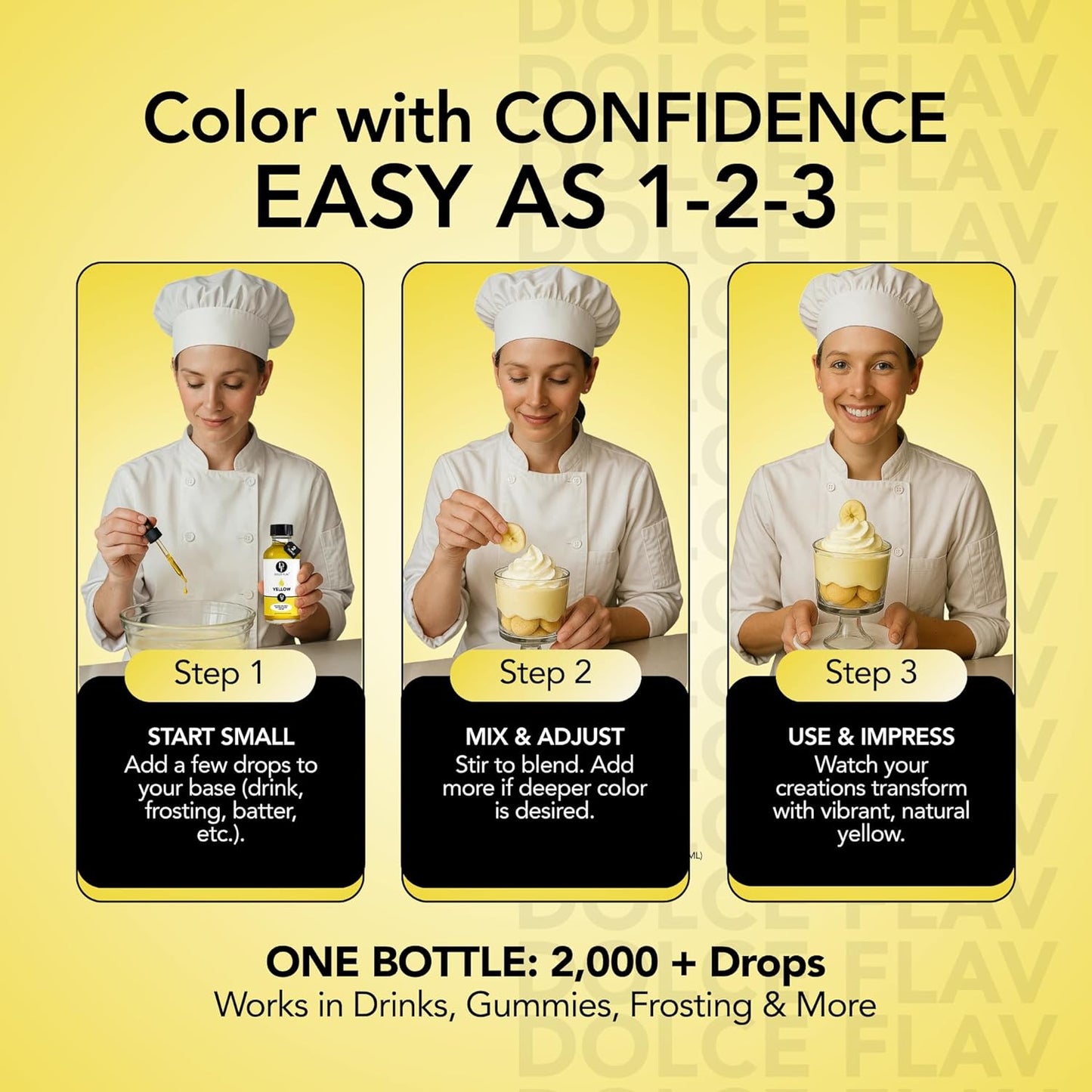 Dolce Flav Natural Yellow Food Coloring – 2 oz Bright Plant-Based Color from Curcumin | Water-Soluble Liquid Color for Baking, Drinks & Frostings | Graduated Dropper Included | | Kosher | No Artificial Dyes | Made in USA
