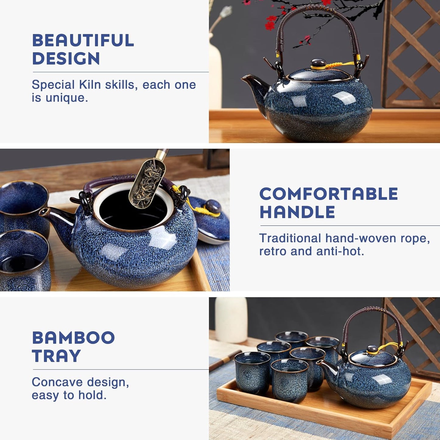 DUJUST Japanese Tea Set for 6, Kiln Altered Glaze Porcelain Tea Set with 1 Teapot, 6 Tea Cups & 1 Tea Tray, Unique Chinese Tea Sets for Adults/Tea Lovers/Women/Men, Blue