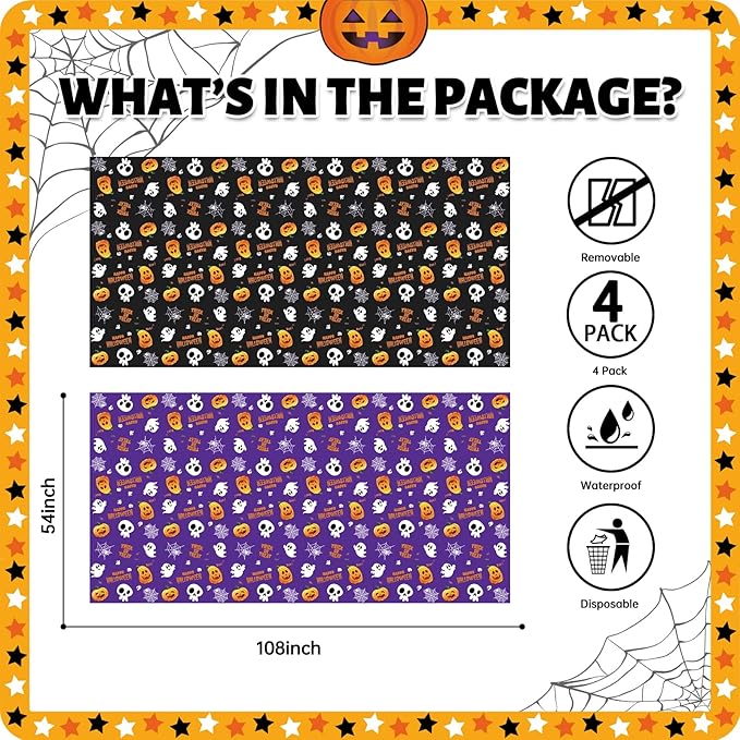 ATFUNSHOP 4 Packs Halloween Tablecloth Disposable Table Cover 54X108 Halloween Decorations Kids Birthday Party Decor for Kids, Spooky Waterproof Spillproof Table Cloth - Perfect for Dinner