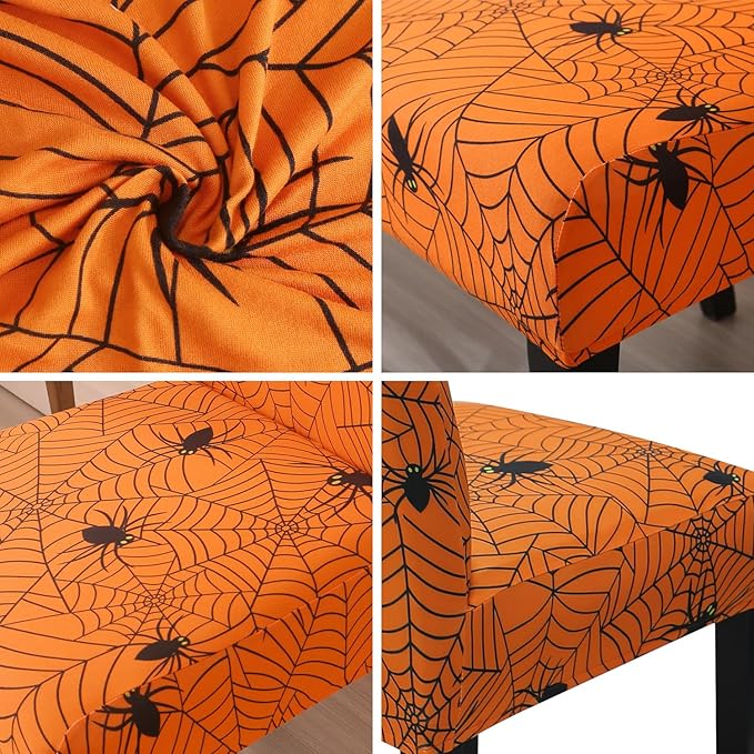 JQinHome Halloween Orange Dining Chair Slipcover, Spider Web Chair Covers Set of 6 ，High Stretch Washable Chair Protector Cover for Dining Room, Kitchen,Home Party,Wedding Ceremony(Orange, 6PC)