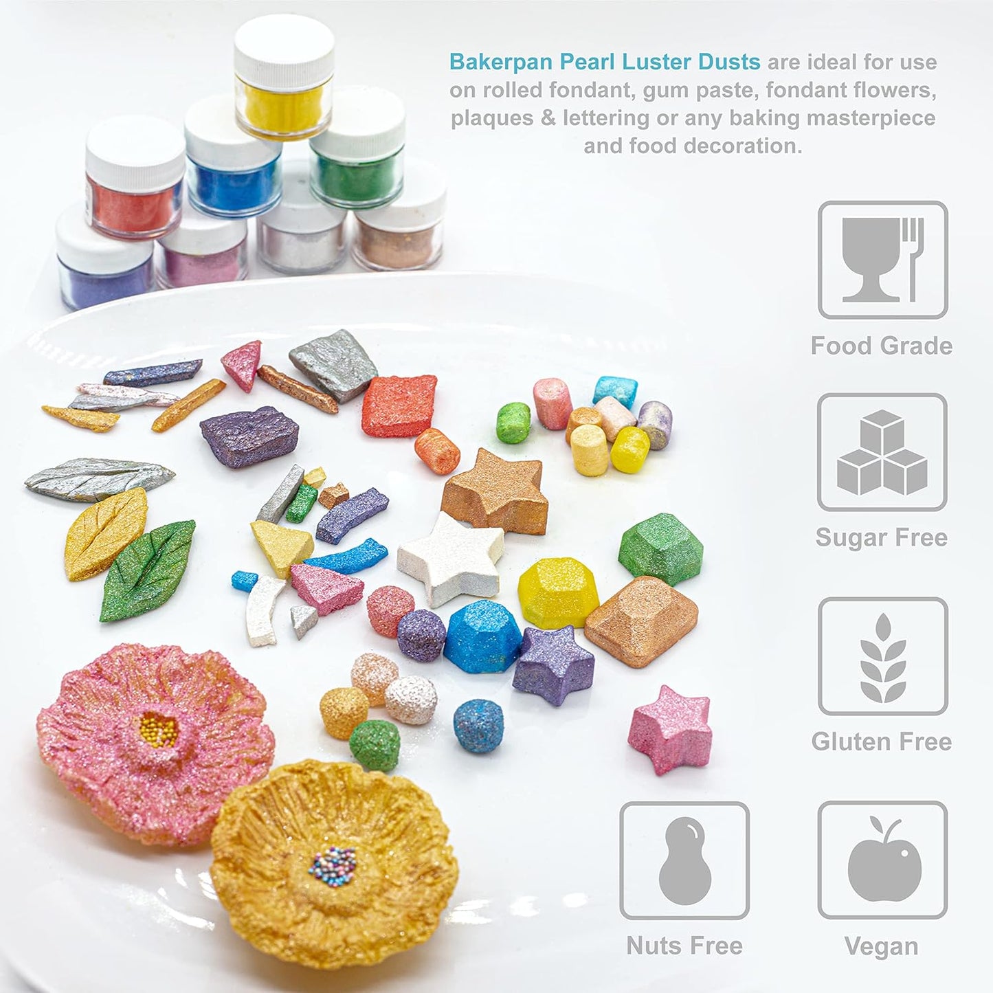 Bakerpan Pearl Luster Dust Edible, Intense White Edible Glitter for Cocktails, 4 Grams Edible Glitter for Cake Decorating, Cookies, Chocolates and Candies, Drinks (Made in USA)