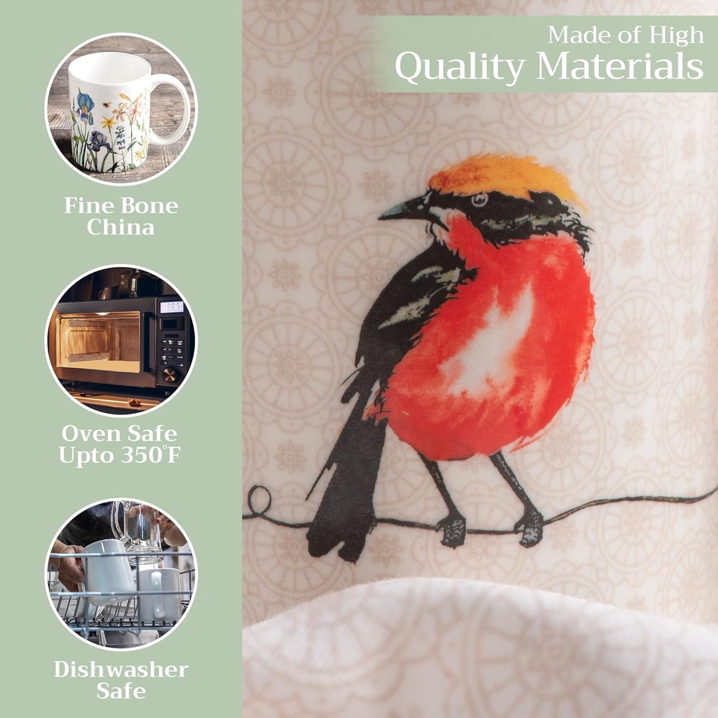 Maison d' Hermine Coffee Mug with Handles Fine Bone China Mugs Pack of One Tea Cups for Hot Beverages Cappuccino Latte Home Restaurant Office Perfect for Gift (Birdies On Wire - Nuthatch, 12 Ounce)