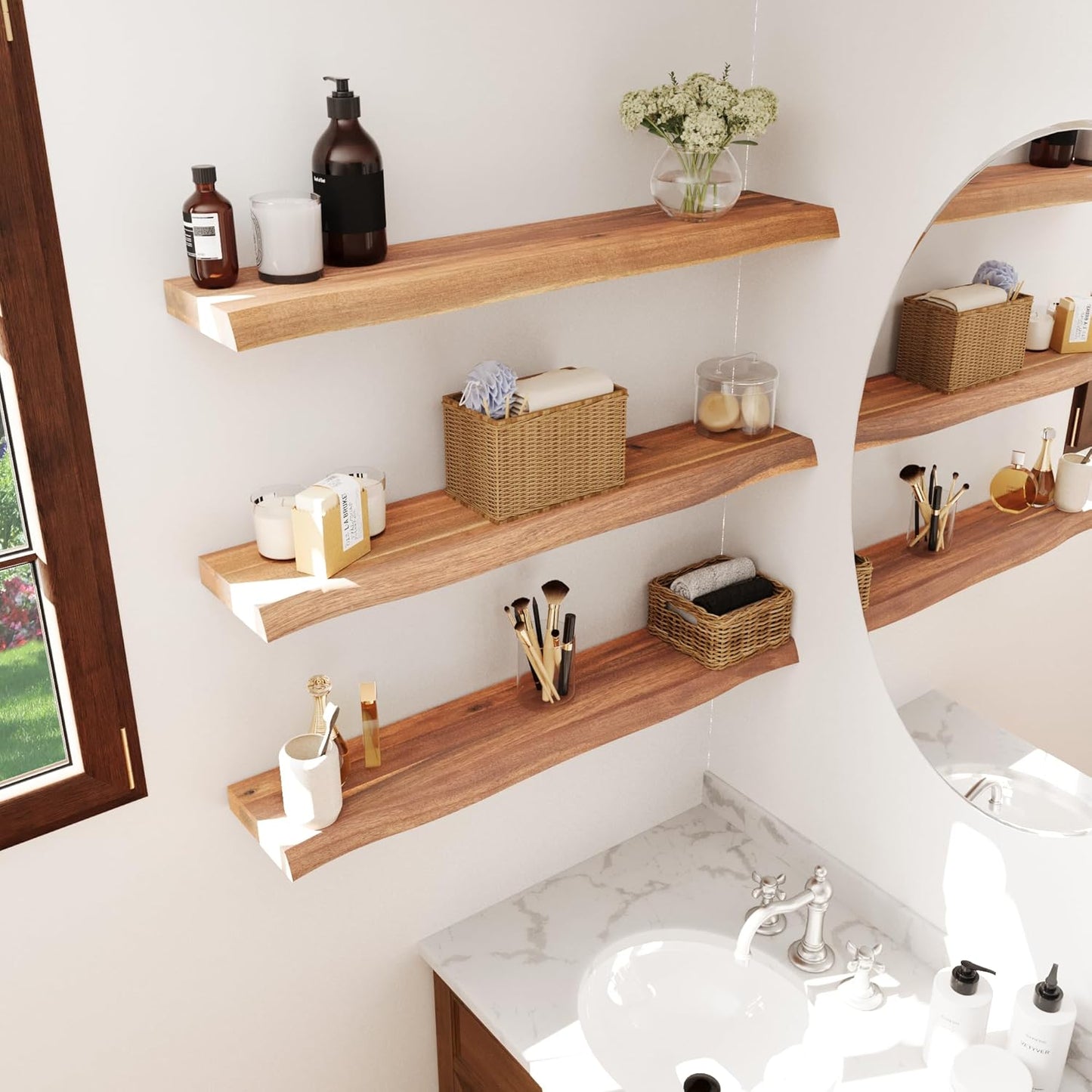 36" Acacia Live Edge Floating Shelves Set of 2 - Wall Mounted Wooden Shelf for Stylish Home Décor - Teak Look Color 36x7.5x1.5 Inches