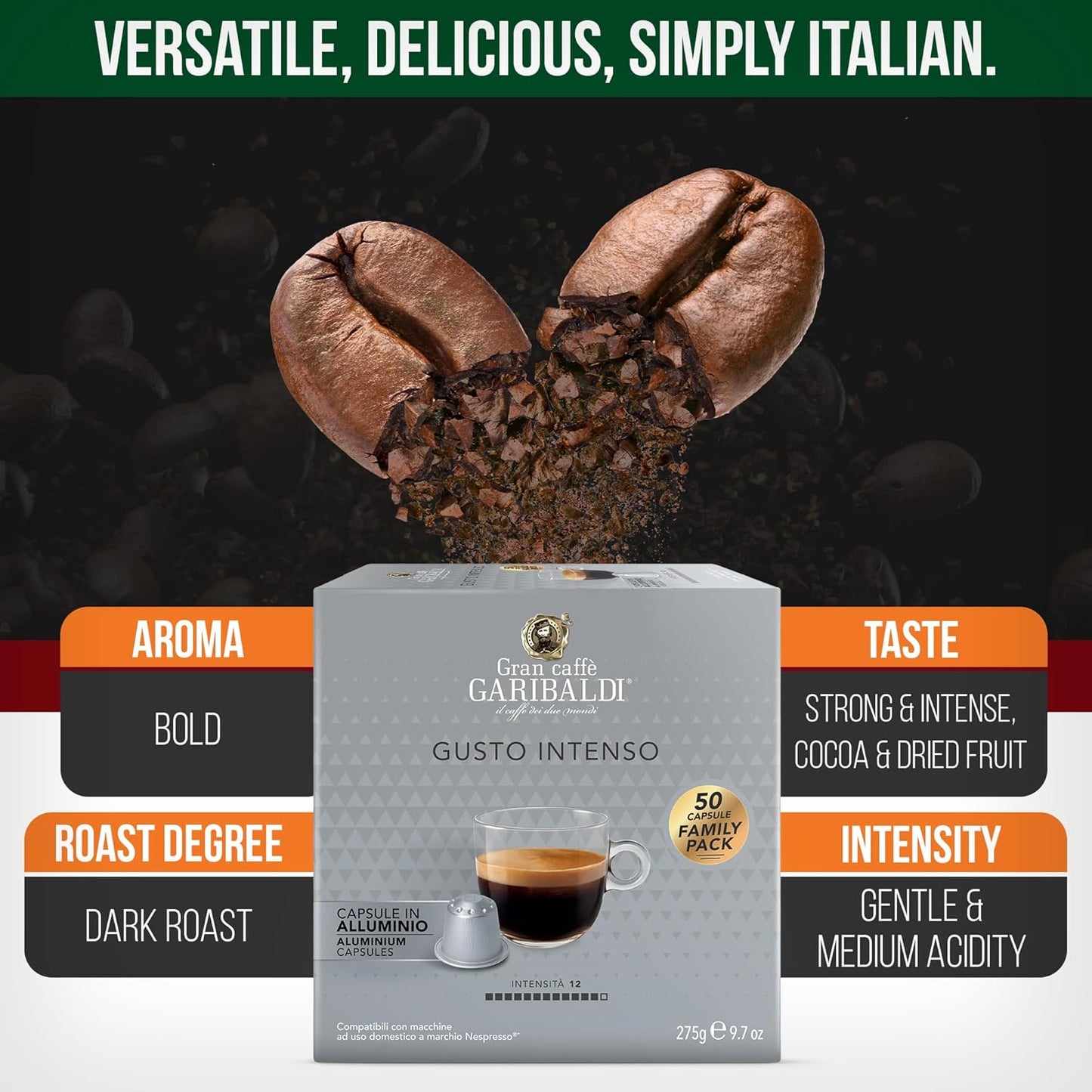 Gran Caffè Garibaldi Espresso Pods, Italian Roasted Coffee, Compatible Nespresso Original Line Machines, Nitrogen Flushed, Strong & Intense, Cocoa & Dried Fruit, Dark Roast - Gusto Intenso (Aluminum) 200 Cups