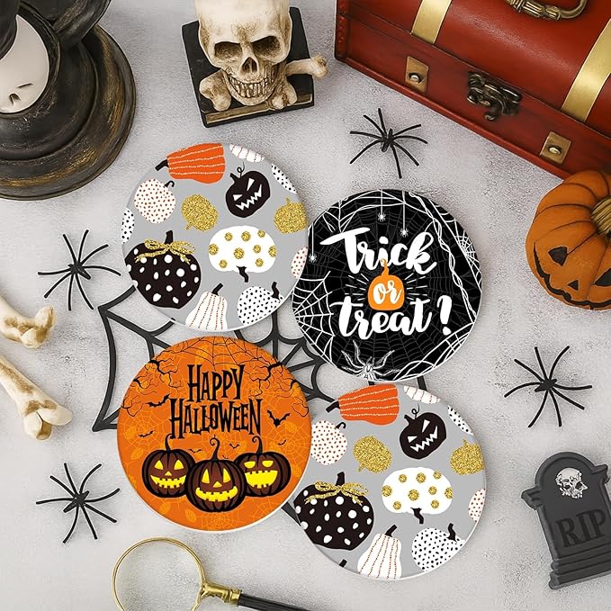 Coaster for Drinks Set of 6, Happy Halloween Trick or Treat Pumpkin Absorbent Round Ceramic Stone Mat, with Cork Base and Metal Holder, Gift for Housewarming Room Bar Decor