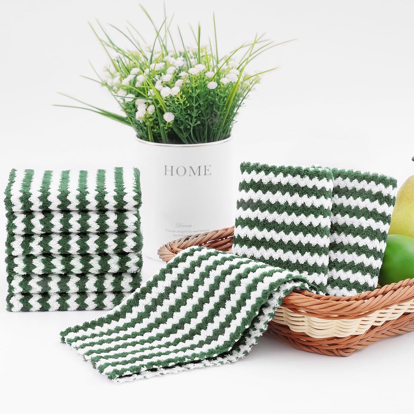 Homaxy 18 Pack Kitchen Dish Cloths, Ultra Soft and Absorbent Dish Towels, Reusable Fast Drying Microfiber Cleaning Cloth, Coral Velvet Wave Design No-lint,10 x 10 inches, Grass Green