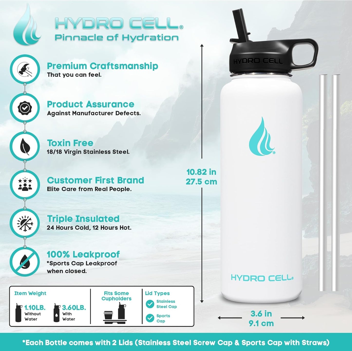 HYDRO CELL Stainless Steel Insulated Water Bottle with Straw - For Cold & Hot Drinks - Metal Vacuum Flask with Screw Cap and Modern Leakproof Sport Thermos for Adults (White 40oz)