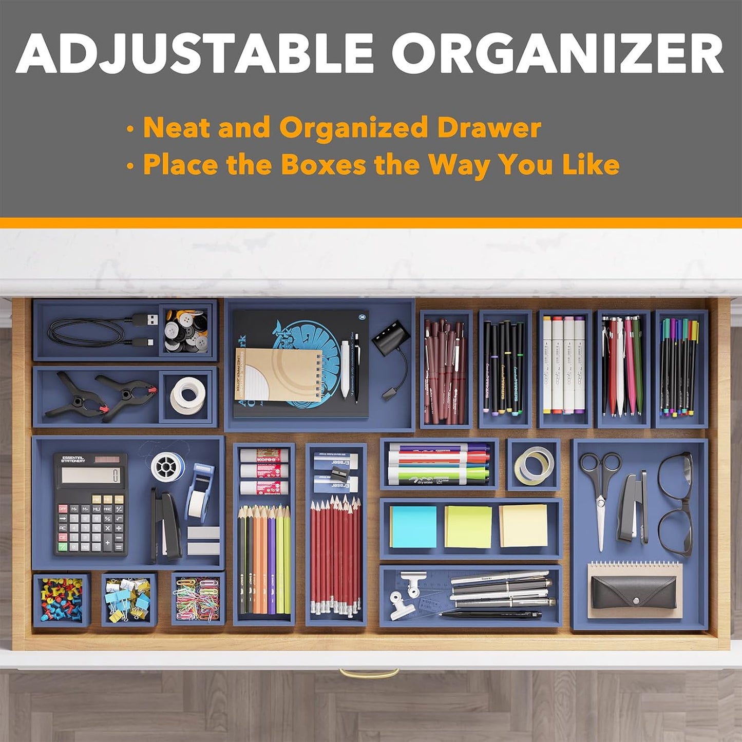 SpaceAid 21-Piece Bamboo Drawer Organizer Storage Boxes Set, Wood Tray Junk Drawer Organizers Multi-Use Divider Bins for Kitchen, Bathroom, Office Desk and Makeup Organization (21 Pack, Navy Blue)