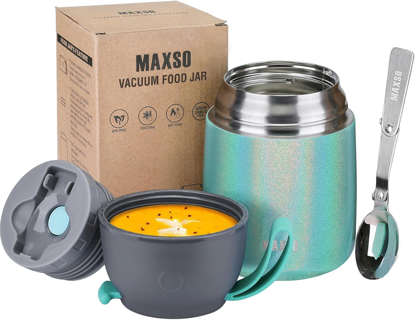 Insulated Food Jar for Hot & Cold Food for Kids Adult,17 oz Soup Thermo Hot Food Containers for Lunch, Triple Layer Insulation Stainless Steel Food Jar with Spoon (GPeacock)