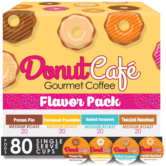 Donut Café - Gourmet Coffee Medium Roast Flavored Variety Pack – Pecan Pie, Coconut Crumble, Salted Caramel, Toasted Hazelnut – Single Serve Coffee Pods for Keurig K Cup Brewers – 80 Count