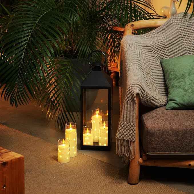 Homemory Pure White Flameless Candles with Embedded Star String Fairy Lights, Battery Operated Candle, LED Candles, Fake Candles with Remote Control and Timer, Set of 5(H4 5" 6" 8" 8")