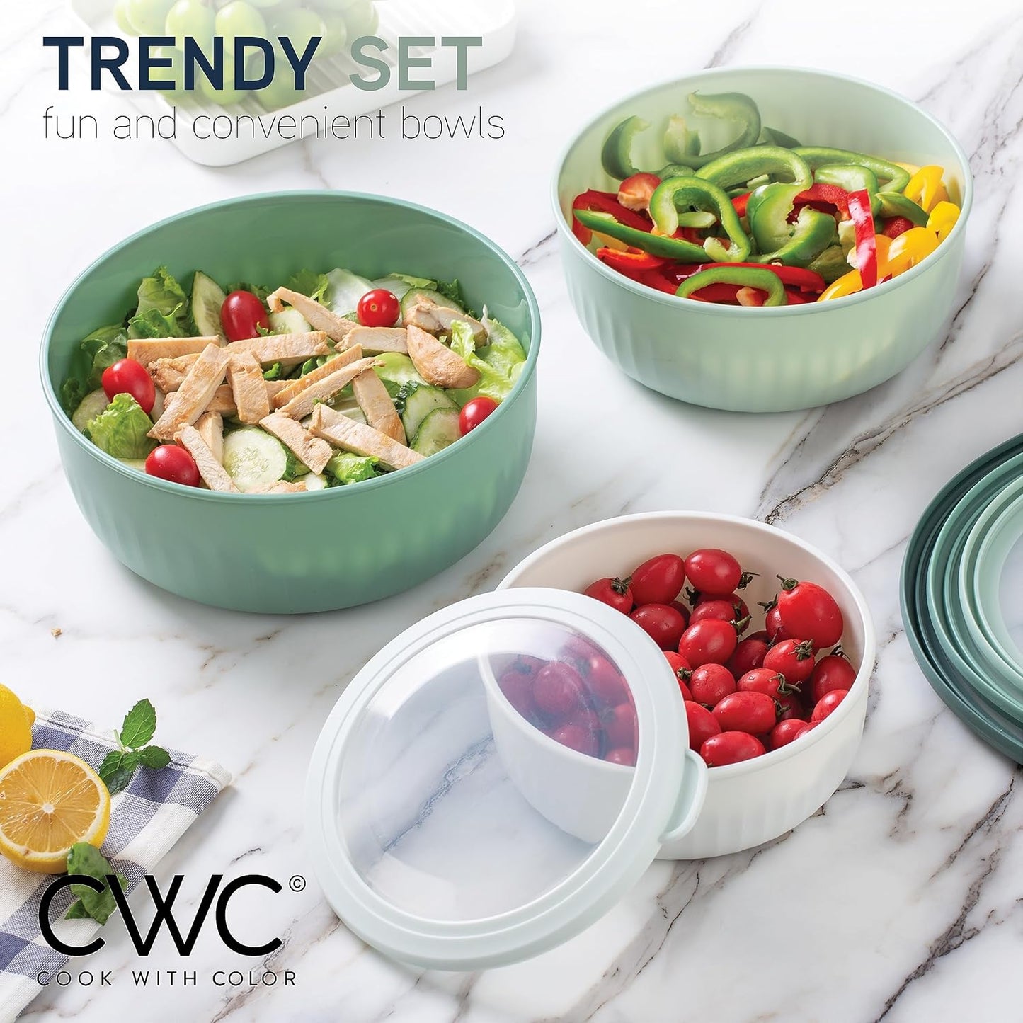 COOK WITH COLOR Prep Bowls with Lids- Wide and Deep Nesting Plastic Small Mixing Bowl Set with Lids, 12 Piece Set - Wide Bowls, Sage
