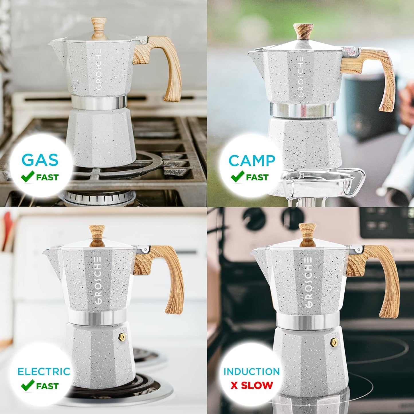 GROSCHE Milano Moka pot, Stovetop Espresso maker, Greca Coffee Maker, Stovetop coffee maker and espresso maker percolator (Grey, 9 cup)