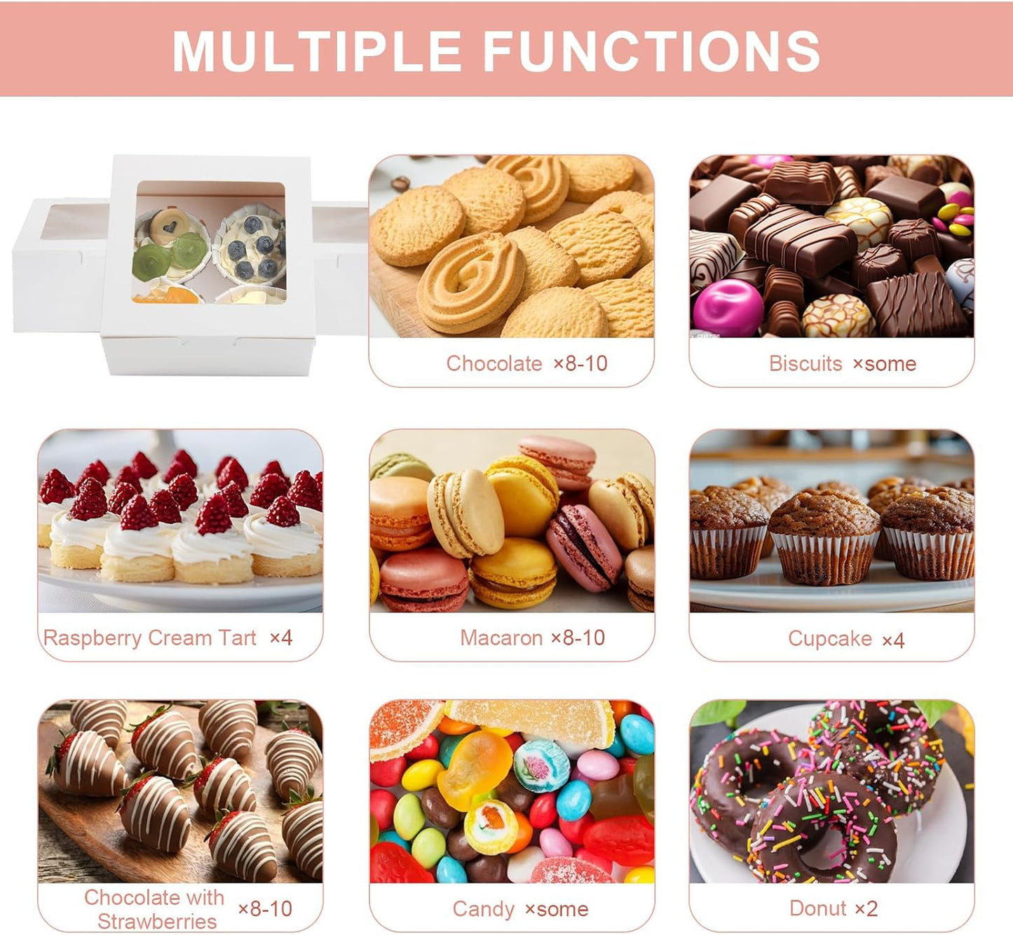 OAMCEG 50 PCS White Cupcake Boxes with Window and Insert, 6x6x3 Inch Kraft Treat Boxes with 4 Cavity for Cookies, Pastries, Desserts, with Stickers & Jute Twine