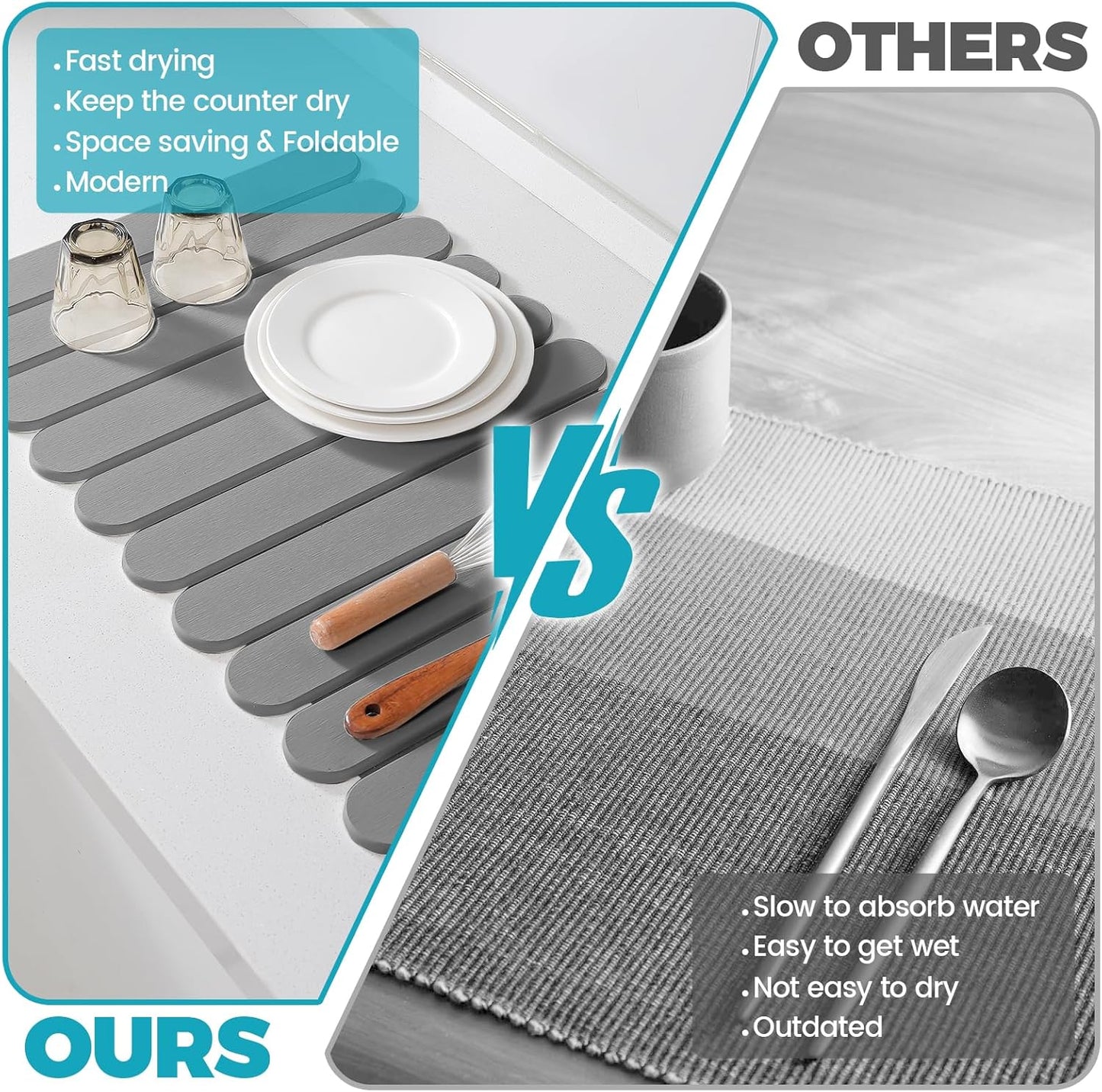 Extral Large Quick Dry Stone Drying Mat for Kitchen Counter,28"(L)x16"(W) Collapsible Eco-Friendly Absorbent Diatomaceous Earth Mat for Dishes Cups,Dish Drying Mats (Medium gray-Ellipse, 28x16 inch)