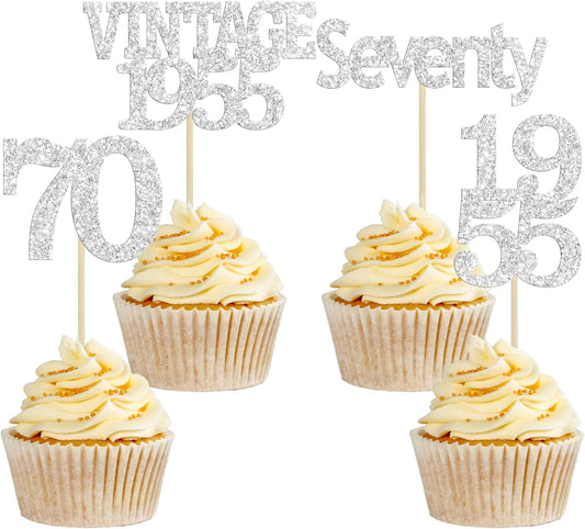Gyufise 24Pcs 70th Birthday Cupcake Toppers Glitter Cheers to 70 Fabulous Seventy Vintage 1955 Cupcake Picks 70th Birthday Wedding Anniversary Party Cake Decorations Supplies Silver