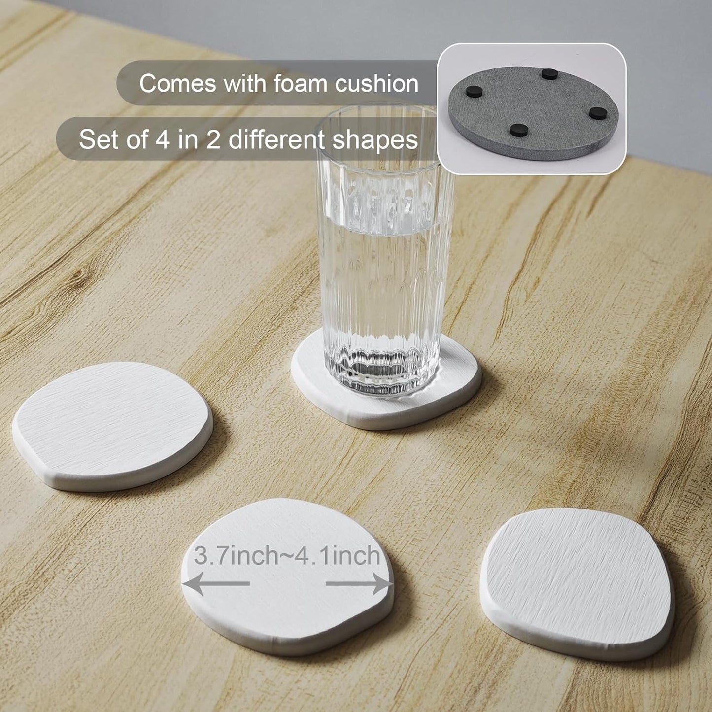 Instant Dry Stone Absorbent Diatomite Coaster Set of 4 for Drinks Wine Coffee, Modern Unique Cup Diatomaceous Earth Coasters for Coffee Table Office Desk, White