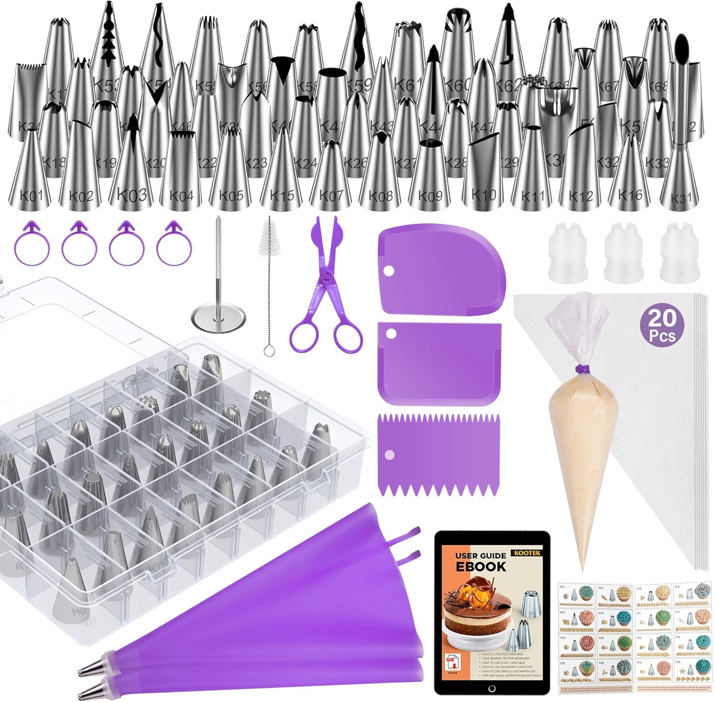 Kootek 90 PCs Piping Bags and Tips Set, Cake Decorating Supplies Kit with 55 Numbered Icing Piping Tips, 20+2 Pastry Bags for Cake Cupcake, Frosting Piping Kit with Booklet and eBook