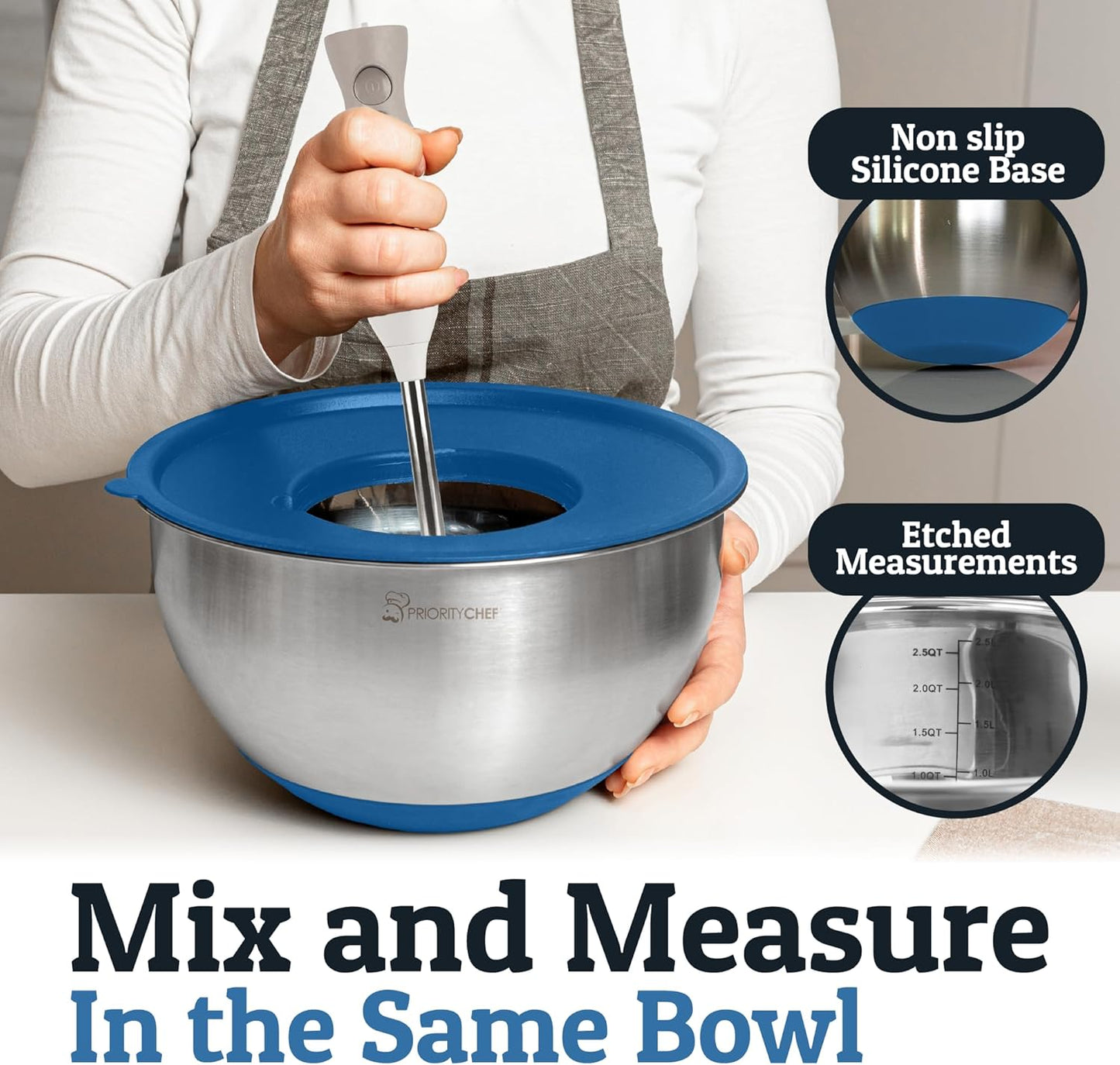 Priority Chef Stainless Steel Mixing Bowls with Lids Set, 3 Grater Attachments, Airtight Lids, Non-Slip Silicone Base Mixing Bowl Set, Large Prep Metal Mixing Bowls for Kitchen, Blue