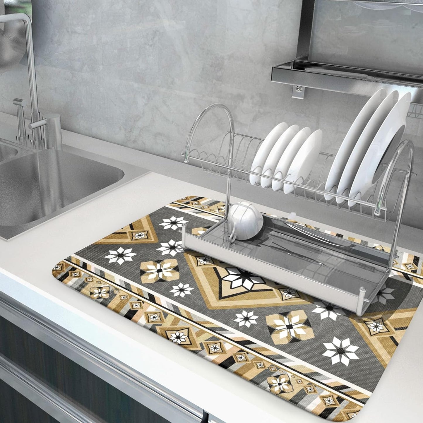 Boho Yellow Gray Aztec Dish Drying Mat for Kitchen Counter,Native American Tribal Aztec Ethnic Boho Style Drying Mat 18 x 24 Inch Microfiber Dish Drying Pad Dish Rack Pad Drainer Mat for Coffee Bar