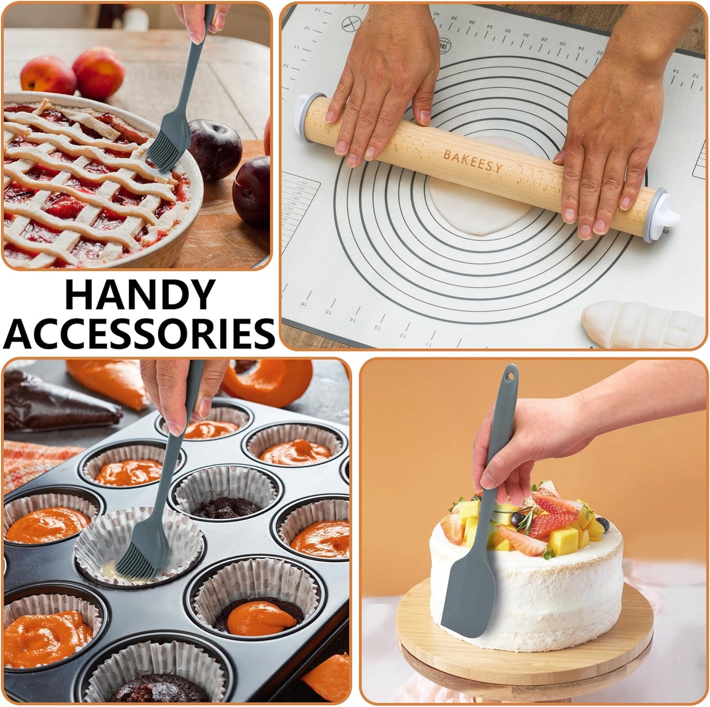 Bakeesy's 14' Wooden Rolling Pin Set with 5 Adjustable Thickness Rings - Roller Pin for Rolling Pizza, Cookie Dough, Pastry, Ravioli, Clay Slab - Full Set with Accessories - Perfect Baking experience