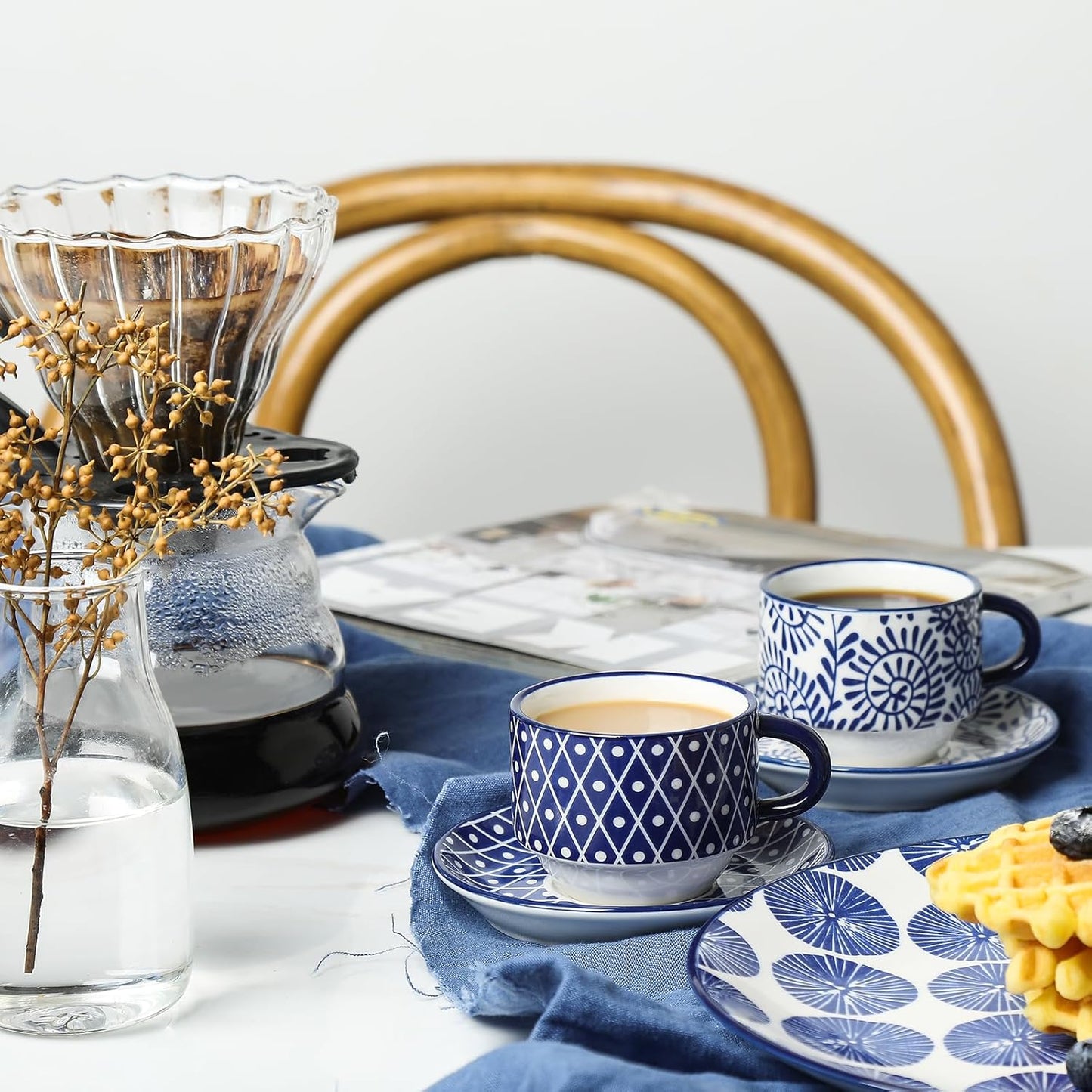 Selamica Ceramic Espresso Cups with Saucers, 2.5 OZ Stackable Demitasse Cups with Metal Stand, Mini Espresso Mugs for Latte Coffee Café Mocha Tea, Set of 6, Vintage Blue