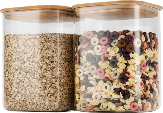 122oz Airtight Glass Square Storage Canister with Bamboo Lid Set of 2(3600ml*2) Large Storage Container Gallon Glass Jars, for Sugar, Flour, and Coffee bean (with Black Lable)