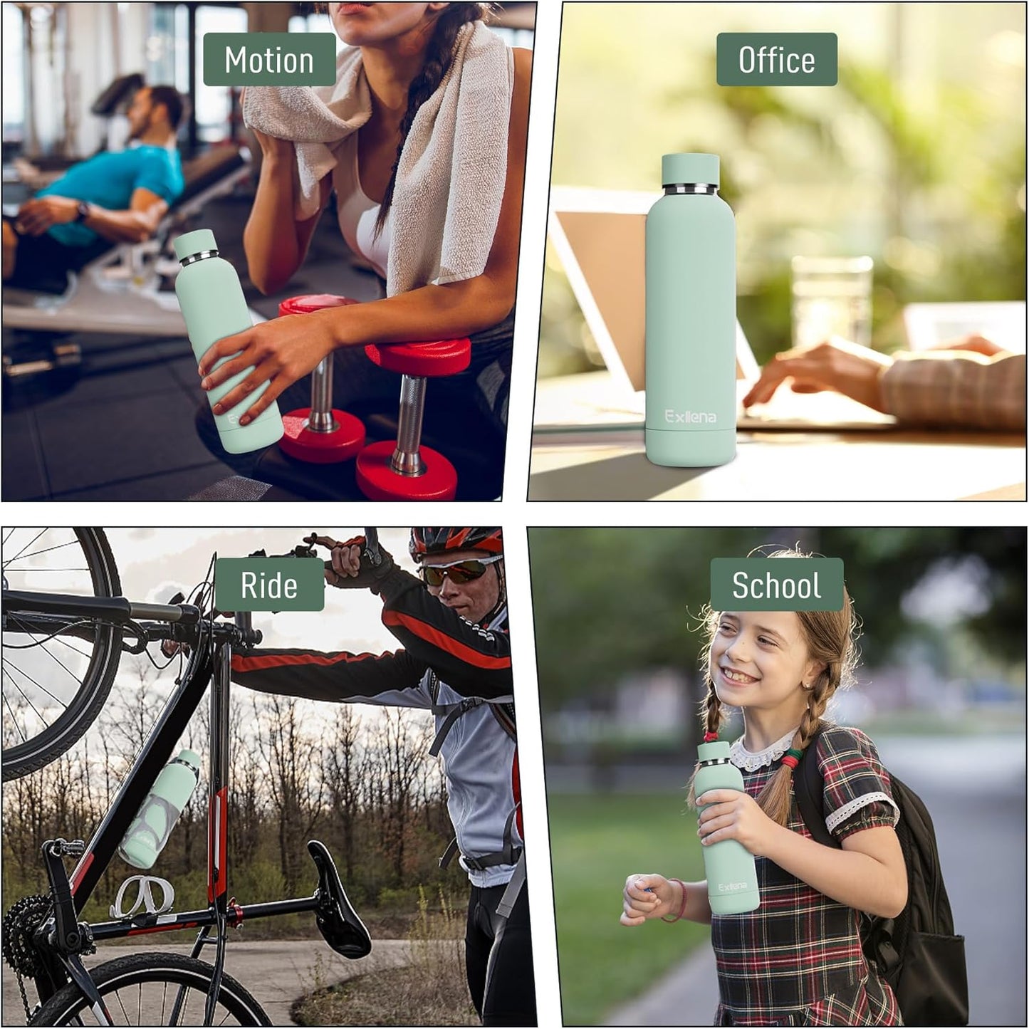 Slim Insulated Water Bottles for Travel 18oz with Clip, Double Wall Vacuum Stainless Steel Water Bottle Keeps Drinks Cold 24 Hrs/Hot 12 Hrs, 100% Leakproof, BPA Free(Mint)