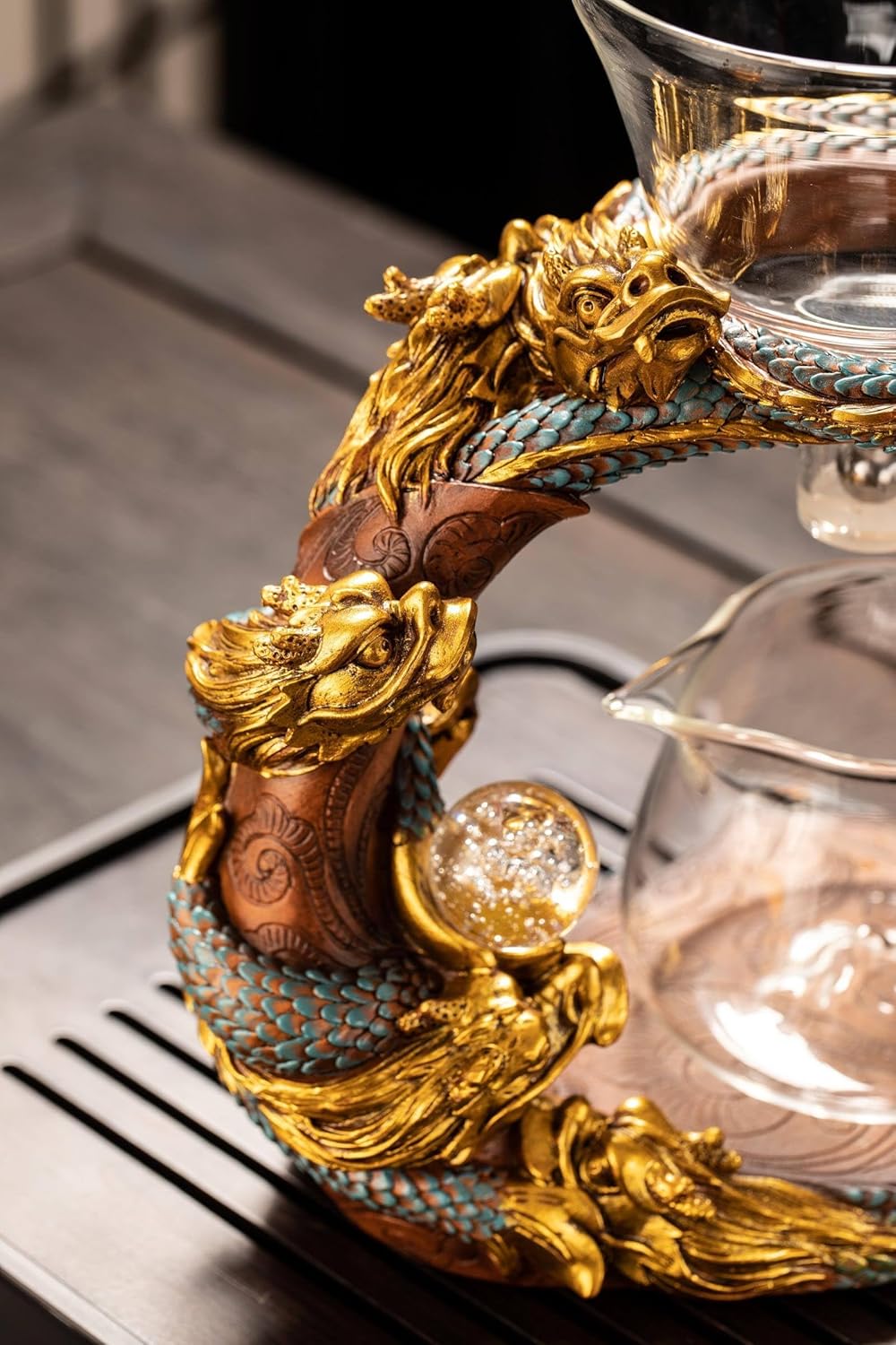 Glass Teapot Set with Infuser Semi Automatic Dragon Tea Set (Blue golden teapot)