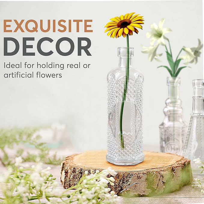 Small Vintage Glass Bottles with Corks, Mini Vases, Decorative Glass Bottle, Potion Bottles, Assorted Design - Set of 14 assorted design 5oz 6.5-7 inch tall 1.8-2.inch wide.