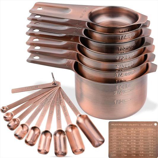 Smithcraft Measuring Cups and Spoons Set, Copper Measuring Cups and Spoons Set for Dry & Liquid, Metric&US 7 Stainless Steel MeasureR Cup&9 Spoon Leveler & Measure Enquivalents for Kitchen & Baking