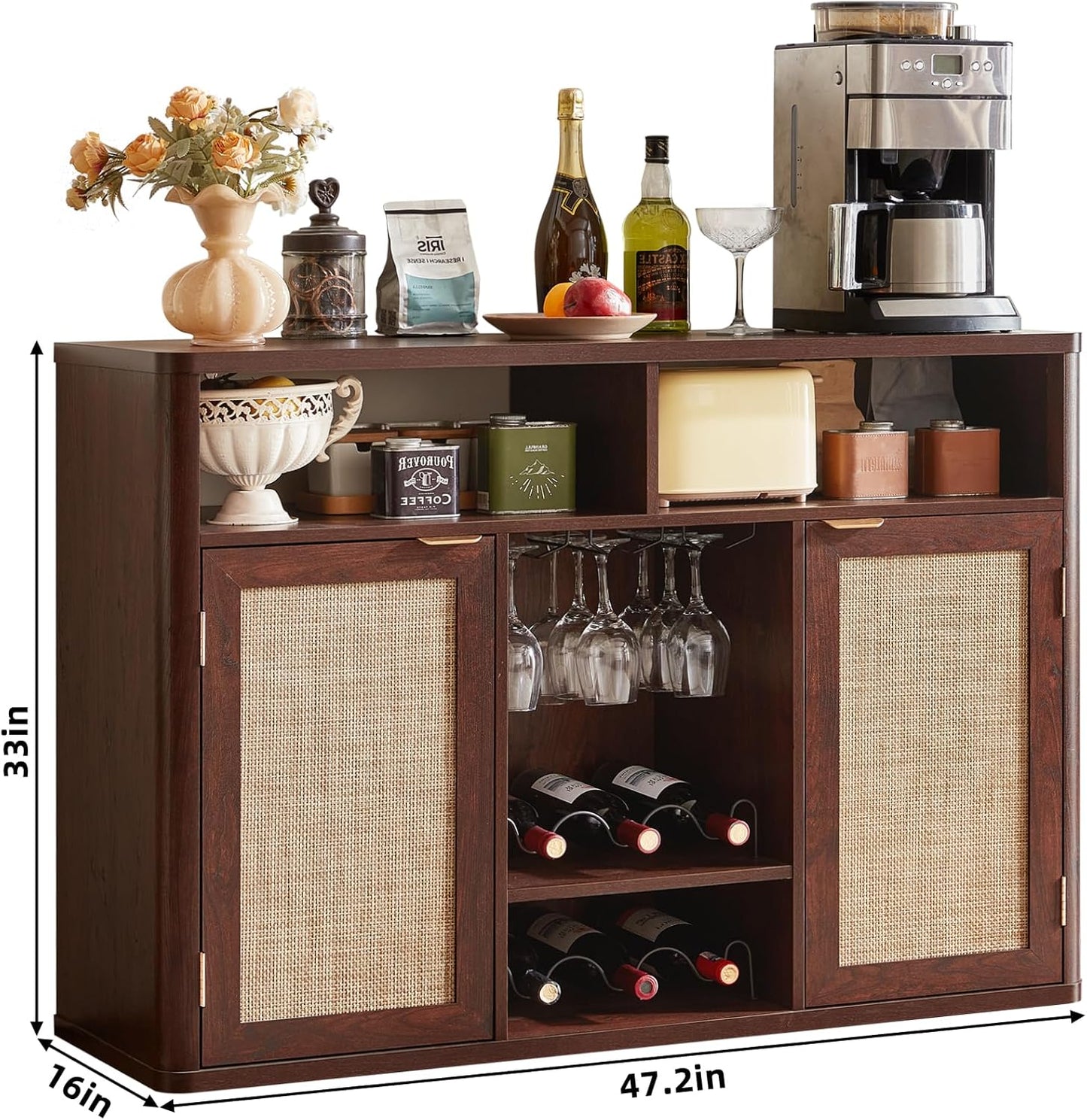 Lerliuo 47.2" Rattan Wine & Liquor Cabinet with 2 Doors, Boho Farmhouse Coffee Bar Station, Built-in Wine Racks & Storage, Adjustable Shelves for Living Room, Dining Room, Kitchen, Walnut Brown