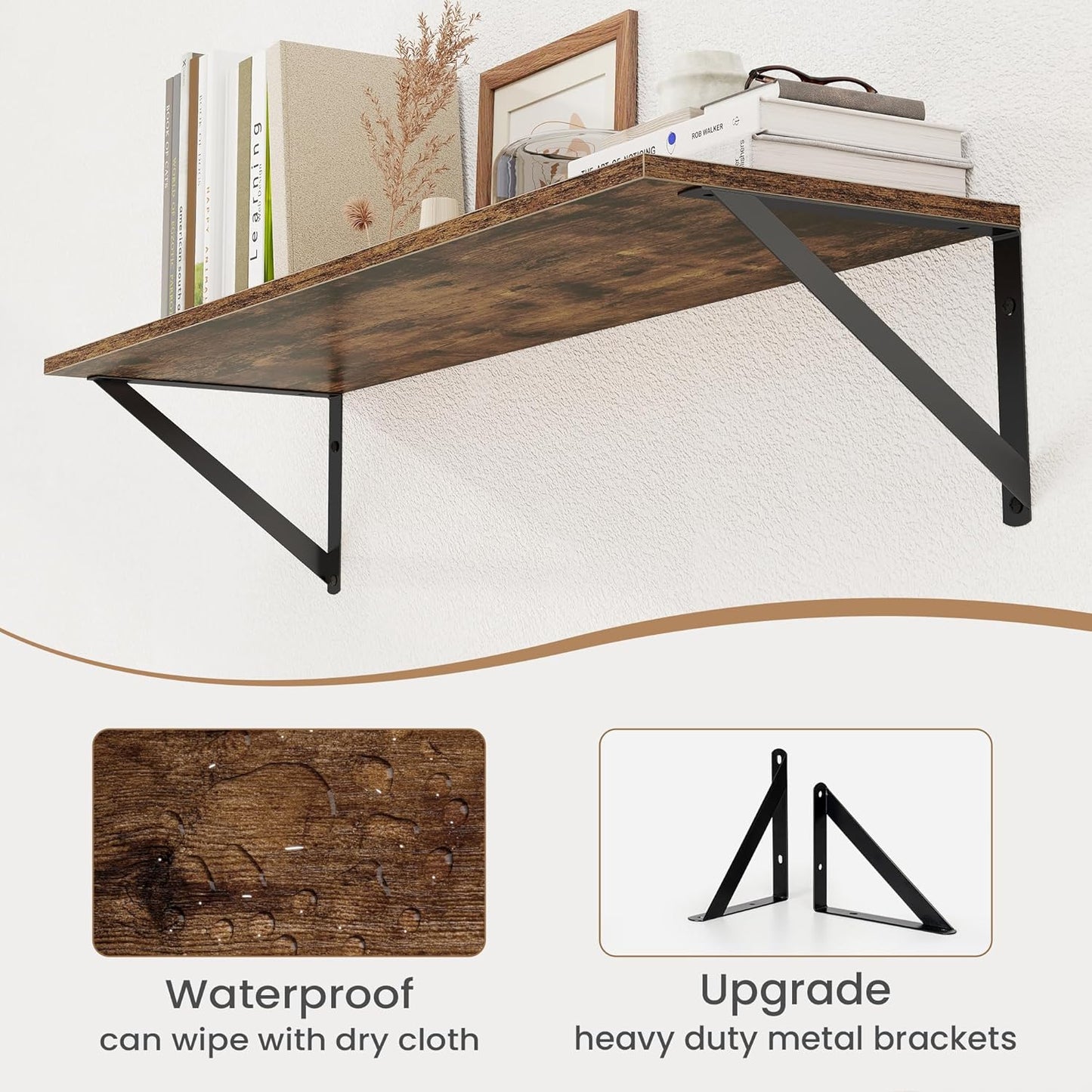 Heimlove Deep Floating Shelves for Wall, 30W x 8D Wood Wall Shelves Set of 2, Wide Floating Bookshelf for Living Room, Kitchen, Office, Bedroom and Decor Storage, with Metal Bracket - Rustic Brown