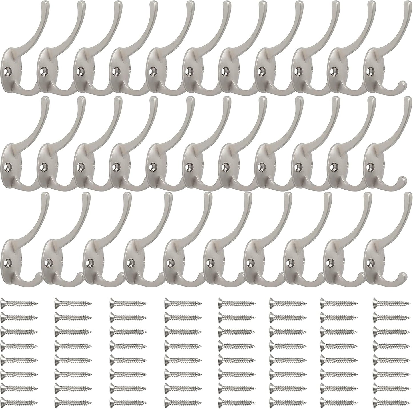 IBosins 32 Pack Silver Coat Hooks Wall Mounted with 64 Screws Retro Double Hooks Utility Silver Hooks for Coat, Scarf, Bag, Towel, Key, Cap, Cup, Hat