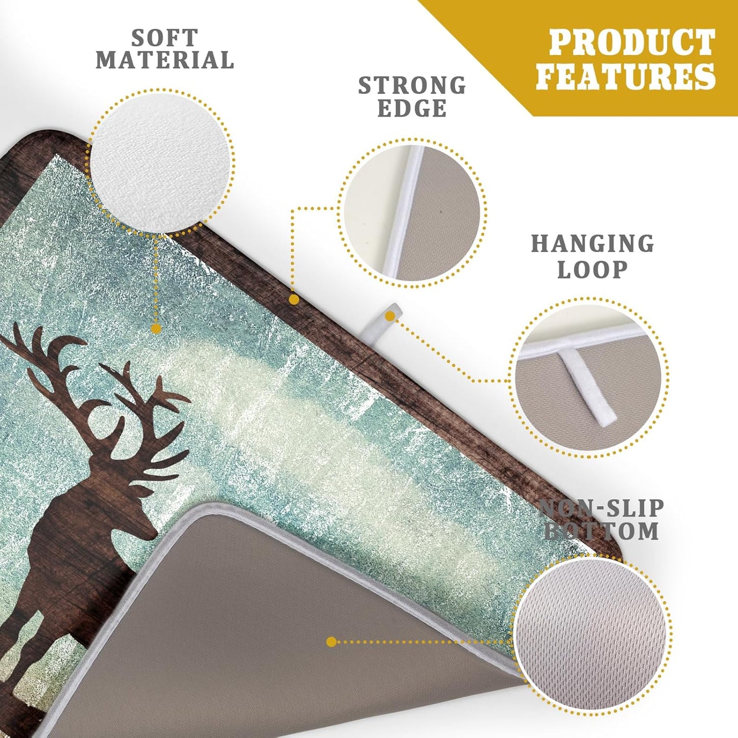 Retro Deer Forest Cabin Silhouette Dish Drying Mat Countertop 18x24 Fall Blue Sky Cloud Cartoon Elk Wild Animal Bushes Drainer Mat Pine Tree Grass Dishes Pad Rustic Moose Dish Drainer Rack