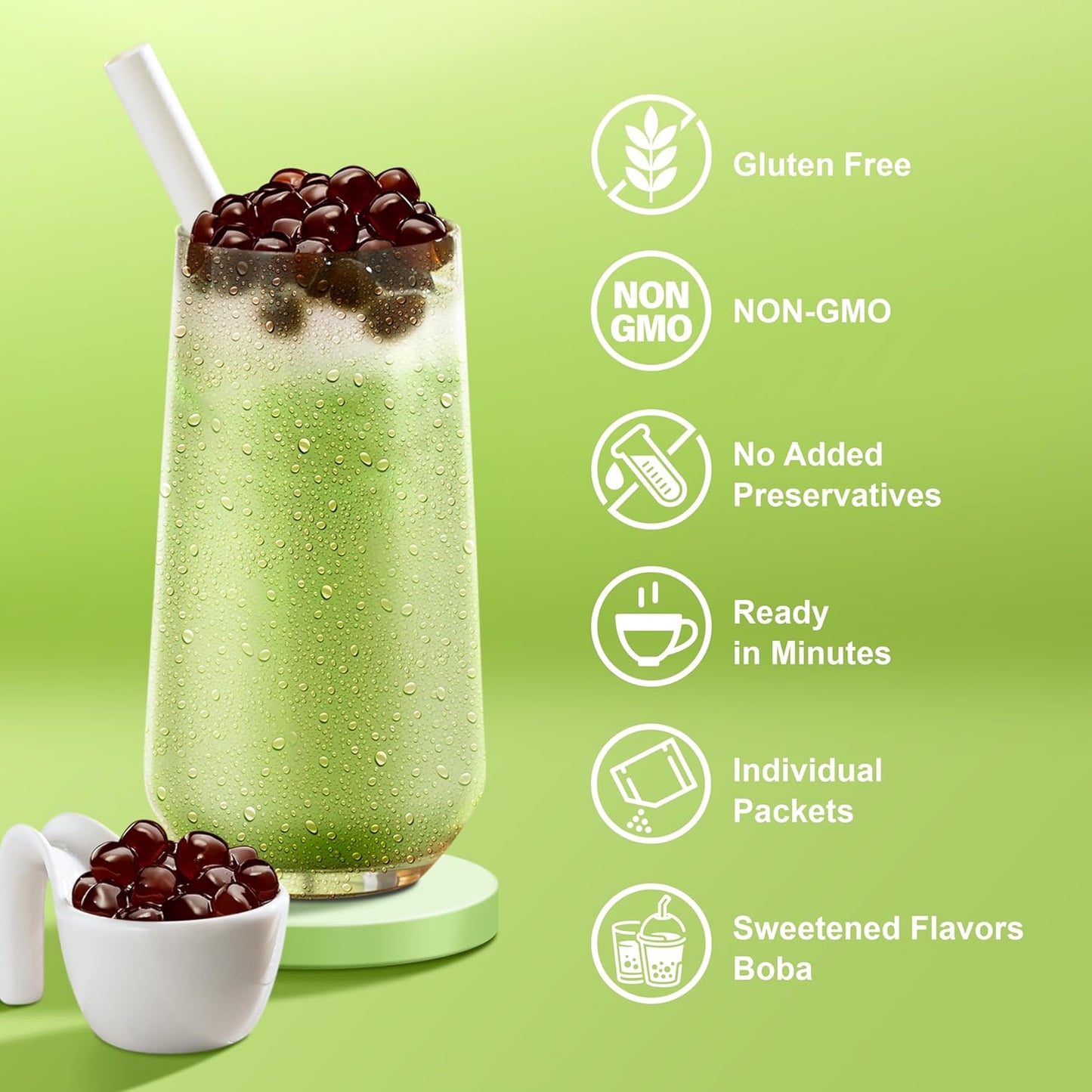 J WAY Instant Boba Bubble Pearl Matcha Milk Tea Kit with Authentic Brown Sugar Tapioca Boba, Ready in Under One Minute, Paper Straws Included - 3 Servings