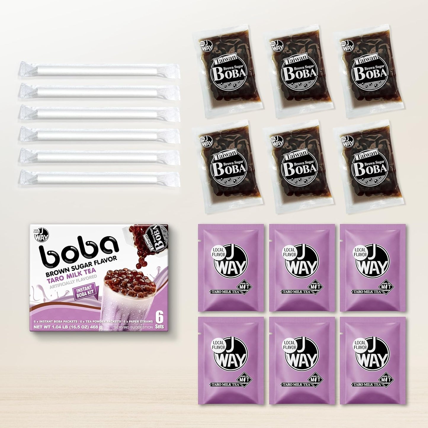 J WAY Instant Boba Bubble Pearl Taro Milk Tea Kit with Authentic Brown Sugar Tapioca Boba, Ready in Under One Minute, Paper Straws Included - 6 Servings