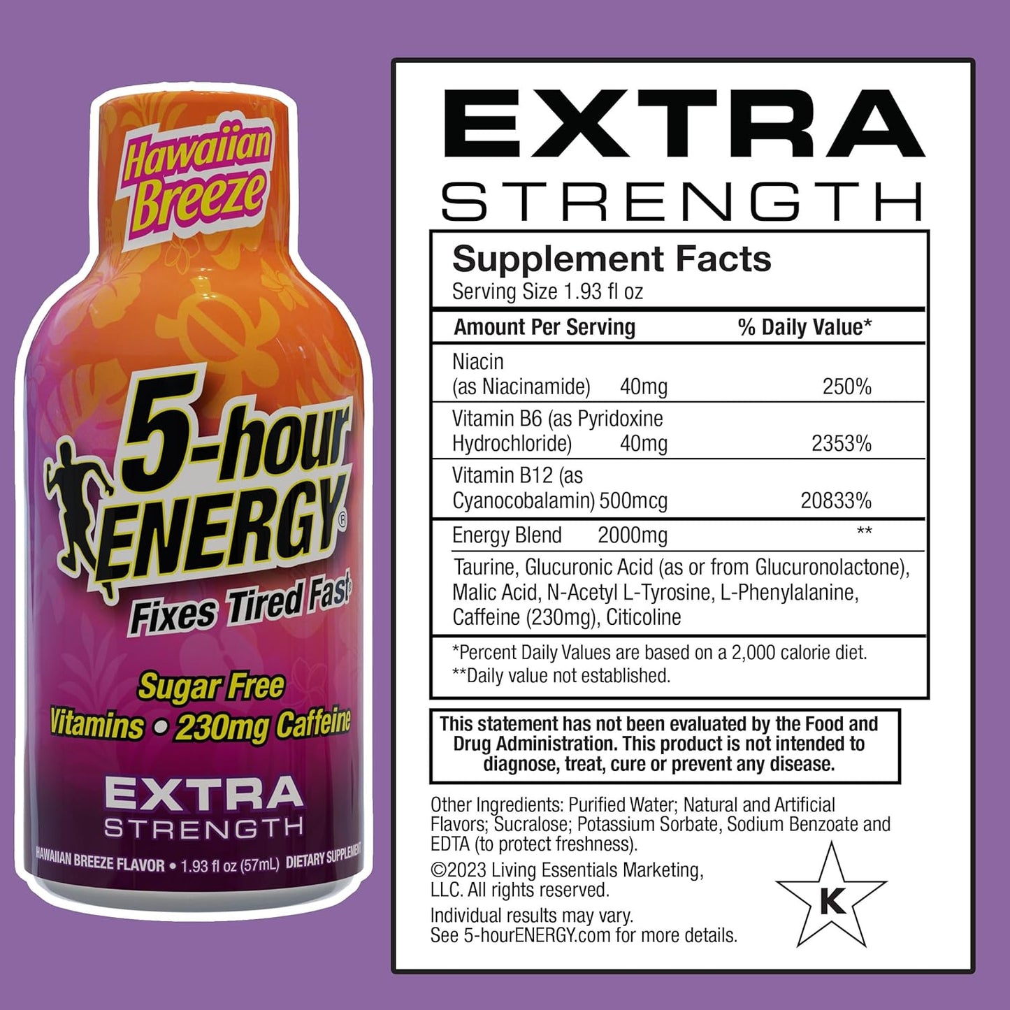 5-hour ENERGY Extra Strength Energy Shot, Hawaiian Breeze Flavor (1.93 oz. - 24 Count) Zero Calories & Sugar-Free 230 mg Caffeinated Energy Shot, Amino Acids & B Vitamins, Dietary Supplements