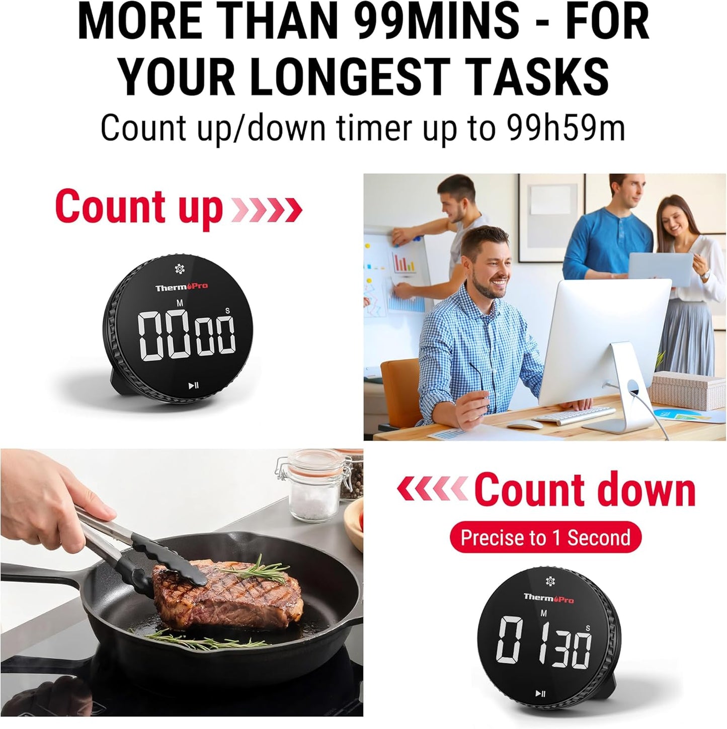 ThermoPro 99-Hour Digital Kitchen Timer with Strong Magnetic & Stable Stand, Classroom Timers with 3-Volume-Level, Stopwatch with Large LED Display, Digital Timers for Classroom, Office & Gym(Black)