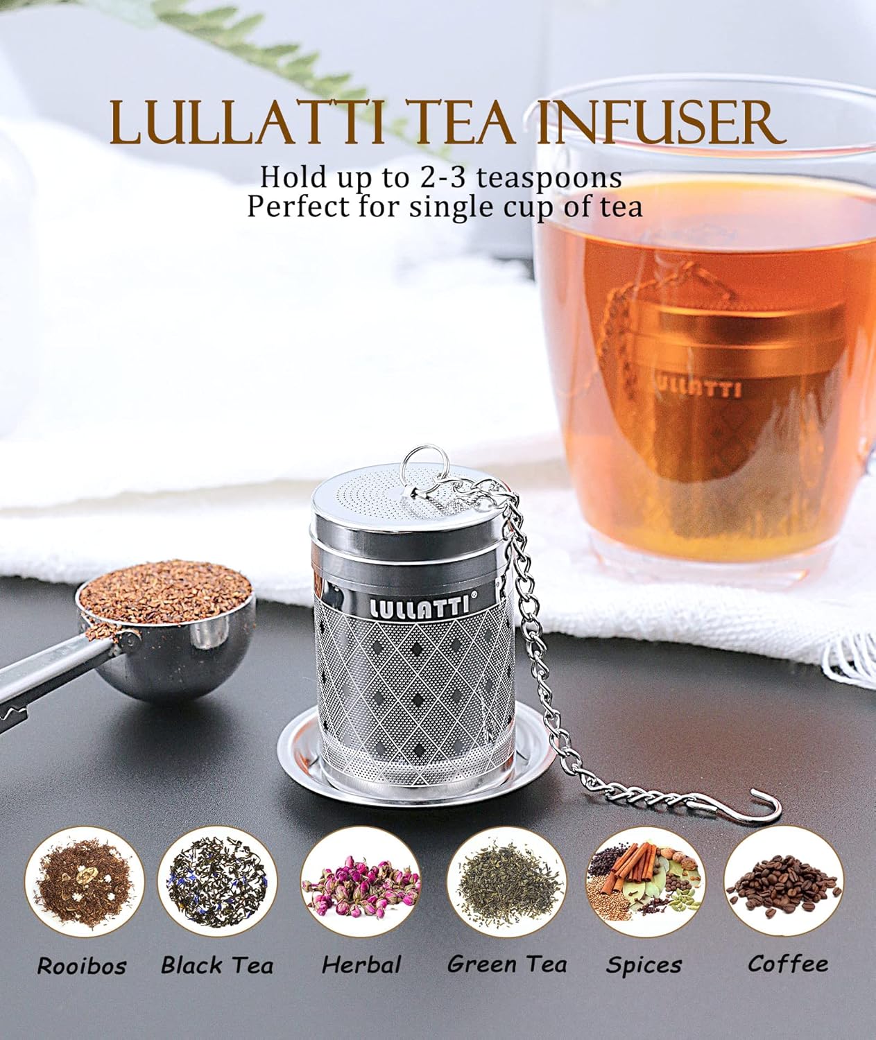 Tea Infuser (1 Pack), Extra Fine Mesh Loose Leaf Tea Steeper with Diamond Pattern & Extended Long Chain, 18/8 Stainless Steel Tea Ball Strainer for Brewing All Kinds of Tea
