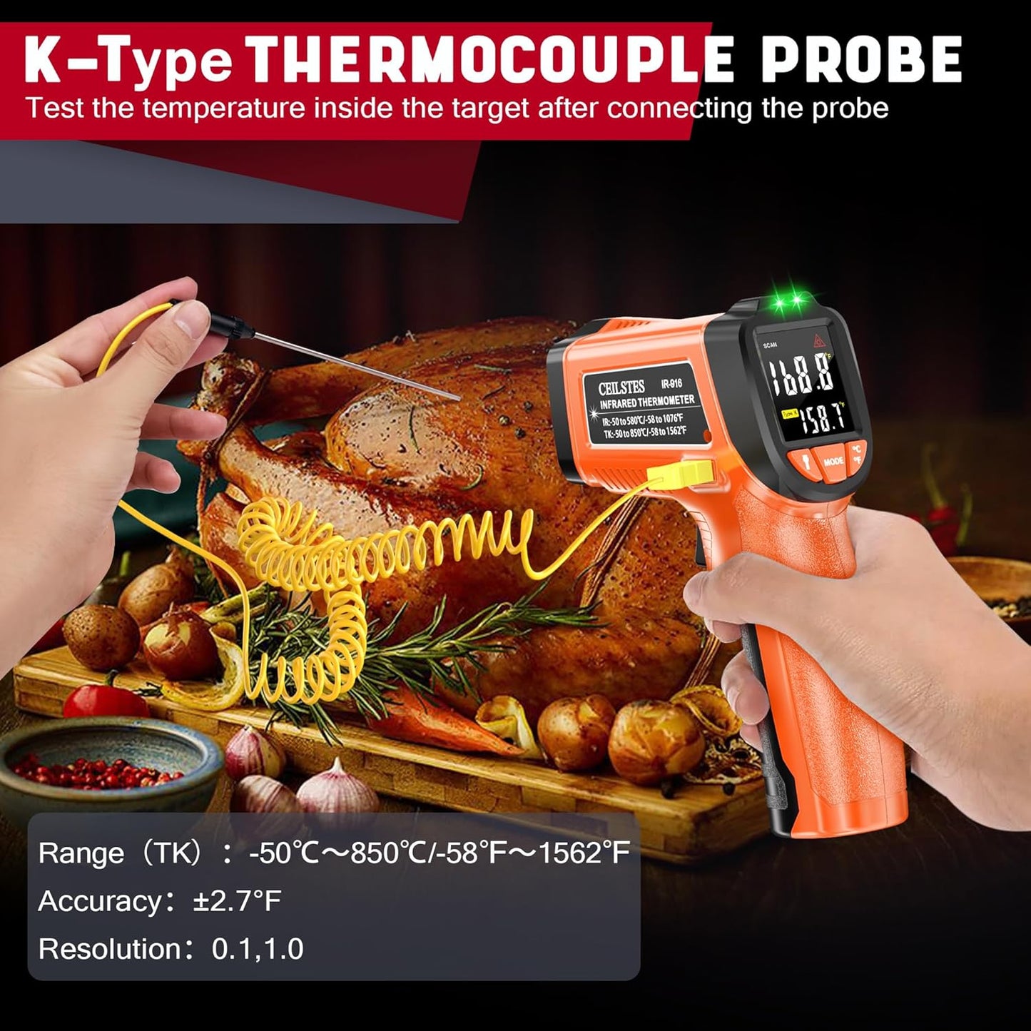 Infrared Thermometer Gun, Non-Contact Digital Laser Temperature Gun, -58°F to 1076°F, Adjustable Emissivity and Max/Min Values for Industrial, Cooking, Griddle,Engine, HVAC (Not for Human)