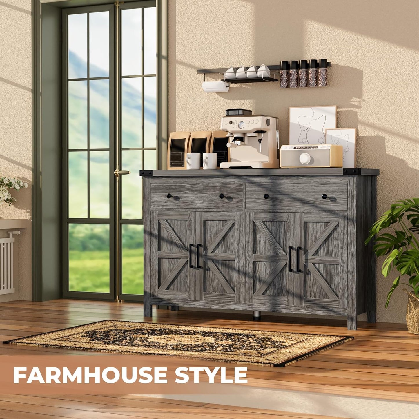 55" Sideboard Buffet Cabinet with Storage, Coffee Bar Cabinet with 2 Drawers and 4 Barn Doors, Long Storage Cabinet Modern Farmhouse, Grey Wood, for Kitchen, Dining Room, Living Room